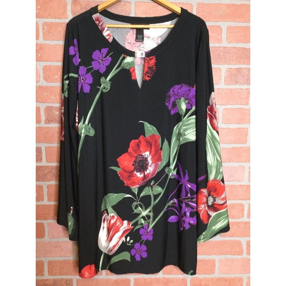 Ashley Stewart Black Floral Tunic Top Red Purple Flowers Bell Sleeves Siz2 22/24